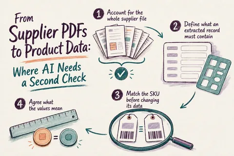 Illustrated infographic summarizing: From Supplier PDFs to Product Data: Where AI Needs a Second Check