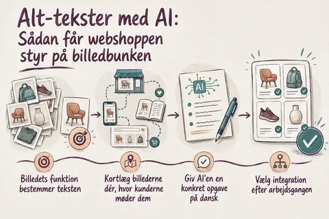 Illustreret infografik, der opsummerer: Alt-tekster med AI: Sådan får webshoppen styr på billedbunken