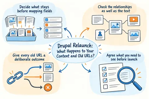 Illustrated infographic summarizing: Drupal Relaunch: What Happens to Your Content and Old URLs?