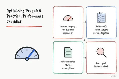 Illustrated infographic summarizing: Optimizing Drupal: A Practical Performance Checklist