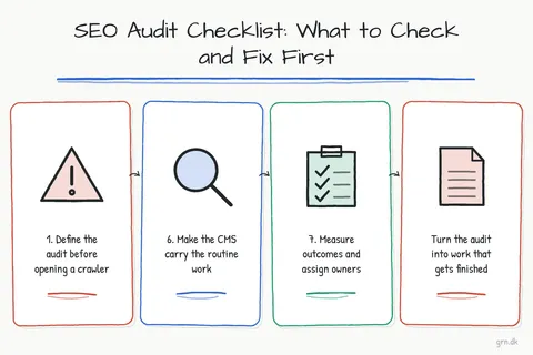 Illustrated infographic summarizing: SEO Audit Checklist: What to Check and Fix First