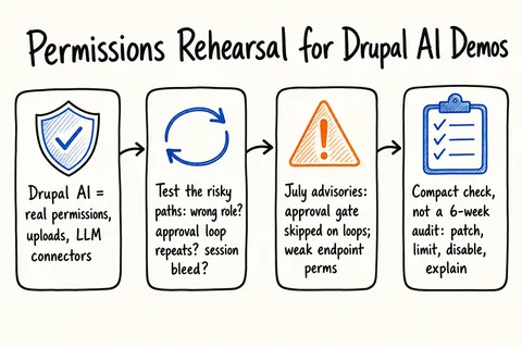 Hand-drawn sketch infographic summarizing a permissions rehearsal for Drupal AI demos