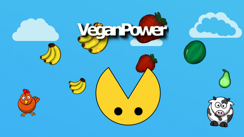 Vegan Power game: the yellow player catches falling fruit while a chicken and a cow look on