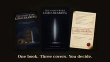Three cover candidates for The Goats Were Load-Bearing fanned on a dark background: an ember-lit door, three slow knocks, and a founders' ledger