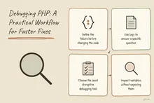 Illustrated infographic summarizing: Debugging PHP: A Practical Workflow for Faster Fixes