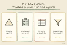 Illustrated infographic summarizing: PHP CSV Parsers: Practical Choices for Real-World Imports