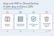 Illustrated infographic summarizing: Unzip with PHP on Shared Hosting: A Safer Way to Extract ZIP Files