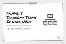 Illustrated infographic summarizing: Drupal 8 Taxonomy Terms In Node URLs