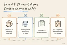 Illustrated infographic summarizing: Drupal 8: How to Change Existing Content Language Safely
