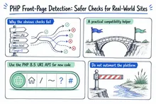 Illustrated infographic summarizing: PHP Front-Page Detection: Safer Checks for Real-World Sites