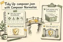 Illustrated infographic summarizing: Tidy Up composer.json with Composer Normalize