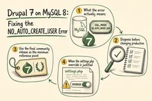 Illustrated infographic summarizing: Drupal 7 on MySQL 8: Fixing the NO_AUTO_CREATE_USER Error