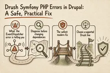 Illustrated infographic summarizing: Drush Symfony PHP Errors in Drupal: A Safe, Practical Fix