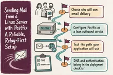 Illustrated infographic summarizing: Sending Mail from a Linux Server with Postfix: A Reliable, Relay-First Setup