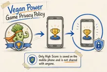 Illustrated infographic summarizing: Vegan Power Game Privacy Policy