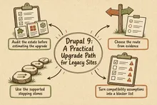 Illustrated infographic summarizing: Drupal 9: A Practical Upgrade Path for Legacy Sites