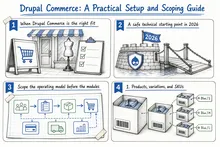 Illustrated infographic summarizing: Drupal Commerce: A Practical Setup and Scoping Guide