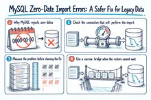 Illustrated infographic summarizing: MySQL Zero-Date Import Errors: A Safer Fix for Legacy Data