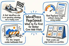 Illustrated infographic summarizing: WordPress PageSpeed: What to Fix First for Better Core Web Vitals
