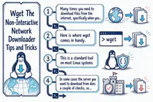 Illustrated infographic summarizing: Wget The Non-Interactive Network Downloader Tips and Tricks