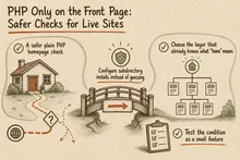 Illustrated infographic summarizing: PHP Only on the Front Page: Safer Checks for Live Sites