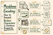 Illustrated infographic summarizing: Mysqldump Encoding: How to Prevent Broken Characters in Database Exports