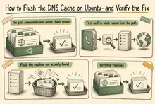 Illustrated infographic summarizing: How to Flush the DNS Cache on Ubuntu—and Verify the Fix