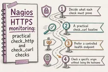 Illustrated infographic summarizing: Nagios HTTPS monitoring: practical check_http and check_curl checks