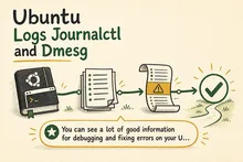 Illustrated infographic summarizing: Ubuntu Logs Journalctl and Dmesg