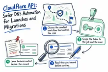 Illustrated infographic summarizing: Cloudflare API: Safer DNS Automation for Launches and Migrations