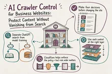 Illustrated infographic summarizing: AI Crawler Control for Business Websites: Protect Content Without Vanishing from Search