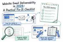Illustrated infographic summarizing: Website Email Deliverability in 2026: A Practical Fix-It Checklist