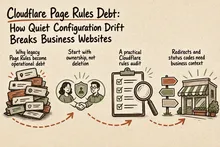 Illustrated infographic summarizing: Cloudflare Page Rules Debt: How Quiet Configuration Drift Breaks Business Websites