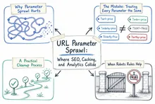 Illustrated infographic summarizing: URL Parameter Sprawl: Where SEO, Caching, and Analytics Collide