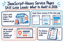 Illustrated infographic summarizing: JavaScript-Heavy Service Pages Still Lose Leads: What to Audit in 2026