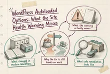 Illustrated infographic summarizing: WordPress Autoloaded Options: What the Site Health Warning Misses