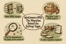 Illustrated infographic summarizing: WooCommerce HPOS: The Migration Behind the Settings Toggle