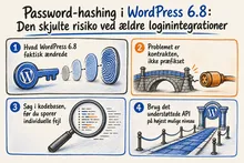 Illustreret infografik, der opsummerer: Password-hashing i WordPress 6.8: Den skjulte risiko ved ældre loginintegrationer