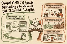 Illustrated infographic summarizing: Drupal CMS 2.0 Speeds Marketing Site Rebuilds, but It Is Not Autopilot