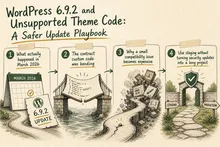 Illustrated infographic summarizing: WordPress 6.9.2 and Unsupported Theme Code: A Safer Update Playbook