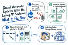 Illustrated infographic summarizing: Drupal Automatic Updates After the Legacy API Shutdown: What to Fix Now