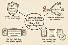 Illustrated infographic summarizing: Ubuntu 26.04 LTS Raises the TLS Floor: How to Test Legacy Integrations