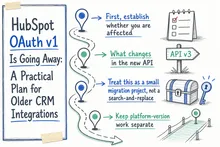 Illustrated infographic summarizing: HubSpot OAuth v1 Is Going Away: A Practical Plan for Older CRM Integrations