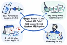 Illustrated infographic summarizing: Google’s August 18, 2026 Content API Cutoff: Feed Cleanup Before Merchant API Migration