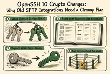 Illustrated infographic summarizing: OpenSSH 10 Crypto Changes: Why Old SFTP Integrations Need a Cleanup Plan