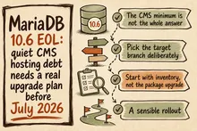 Illustrated infographic summarizing: MariaDB 10.6 EOL: quiet CMS hosting debt needs a real upgrade plan before July 2026