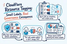 Illustrated infographic summarizing: Cloudflare Resource Tagging: Small Labels, Real Governance Consequences