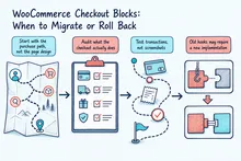 Illustrated infographic summarizing: WooCommerce Checkout Blocks: When to Migrate or Roll Back