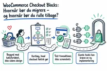 Illustreret infografik, der opsummerer: WooCommerce Checkout Blocks: Hvornår bør du migrere – og hvornår bør du rulle tilbage?