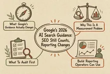 Illustrated infographic summarizing: Google’s 2026 AI Search Guidance: SEO Still Counts, Reporting Changes